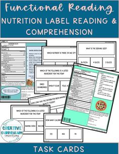 the functional reading and writing task is shown with text that reads functional reading, nutrition label reading