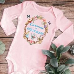 Alice in Wonderland Long Sleeve Onesie | Alice in Onederland Birthday Onesie Printify Long Sleeve Onesie For Birthday, Cute Cartoon Print Onesie For Birthday, Alice In Onederland Birthday, First Birthday Onesie, Alice In Onederland, Birthday Onesie, Kids Tutu, Church Music, Long Sleeve Onesie