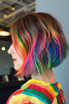 Inverted bob with rainbow streaks Short Hair Fun Color Ideas, Color Block Short Hair, Rainbow Balayage, Short Rainbow Hair, Inverted Bob Haircut, Inverted Bob Haircuts, Dyed Hair Purple, Multi Colored Hair