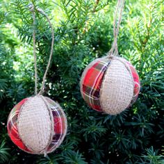 two christmas ornaments hanging from a tree