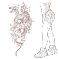 a drawing of a woman's leg with flowers and a dragon tattoo on it