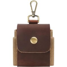 a brown leather case with a metal hook