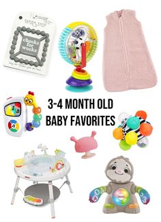 baby toys are shown with the words 3 - 4 month old baby favorites