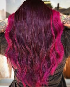 Violet And Magenta Hair, Magenta Hair With Dark Roots, Pink And Red Color Block Hair, Bright Burgundy Hair, Burgundy Hair Braids, Berry Balayage, Maroon And Pink Hair, Burgundy And Pink Hair, Pink And Red Hair