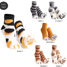 D E T A I L S: Fuzzy, Soft, And Cozy Socks! 6 Pairs In A Pack. You Get To Have All Of Them! These Ultra-Cozy Crew Socks Have A Stretch, Soft Feel That Your Feet Will Love. Great For Lounging Around At Home! Made Out Of 100% Microfiber Polyester 6 Colors In A Pack. (Black1, Lt.Grey, Gray, Mustard, Brown, Khaki) "Colors May Be Slightly Different Than You See On The Screen." Size: One Size Fits Most Machine Wash Cold Gentle Cycle, Do Not Bleach, Lay Flat To Dry, Do Not Iron, Do Not Dry Clean S H I Cat Paw Socks, Paw Socks, Paws Socks, Bike Socks, Merino Wool Socks, Sock Game, Soft Sock, Fuzzy Socks, Cozy Socks