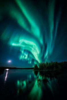 an aurora bore is seen in the night sky over a body of water with trees