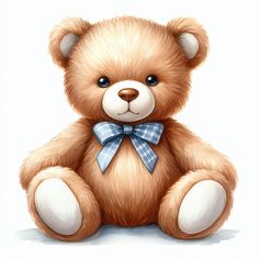 a brown teddy bear with a blue bow on its neck sitting in front of a white background