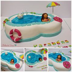 there is a cake that looks like a pool with a girl in it and an umbrella