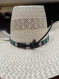 "1/2\" wide All bead work is beaded with 10lb extreme braided nylon line. All hat bands are finished at 23\" with glued than sewed down leather ends and an adjustable leather tie." Country Style Braided Hat Bands For Rodeo, Adjustable Turquoise Hat Bands For Country Events, Adjustable Artisan Hat Bands For Ranch, Southwestern Turquoise Hat Bands For Country Events, Artisan Adjustable Hat For Rodeo, Traditional Adjustable Hat Bands For Rodeo, Country Style Adjustable Hat Band For Rodeo, Artisan Adjustable Hat Bands For Rodeo, Handmade Adjustable Hat Bands For Rodeo