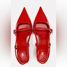 Slingback Pumps With Thin Straps. Buckle Detail. Kitten Heels.Back Strap. Heel Height: 2 Inches (5 Cm) Red Red Kitten Heels, Zara Strappy, Slingback Shoes, Zara Shoes, Outfit Inspo Fall, Slingback Pump, Back Strap, On Shoes, Kitten Heels