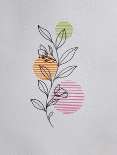 a drawing of flowers and leaves on a piece of paper with colored stripes in the background