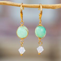 Refreshing and ethereal, these 14k gold-plated dangle earrings by Alejandra Aceves transport you to a hidden lake of celestial vibes. Directly from Mexico, the pieces display a high-polish finish that enriches the agate and Swarovski crystal gems' luminous colors. Hidden Lake, Ethereal Jewelry, Luminous Colours, Funky Jewelry, Green Agate, Dream Jewelry, Crystal Gems, Swarovski Crystal, Jewelry Earrings Dangle