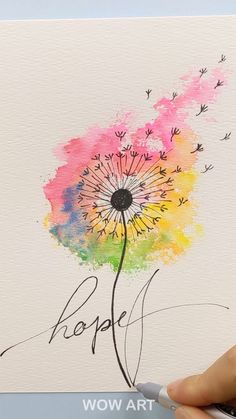 someone is painting a dandelion with watercolors on paper and the words people are written in cursive writing