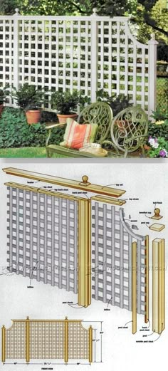 the plans for an outdoor privacy fence are shown in two different views, one is white and