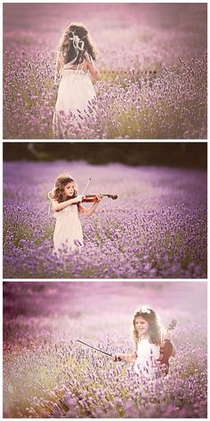 two girls playing violin in a field of lavenders, one girl is holding a violin