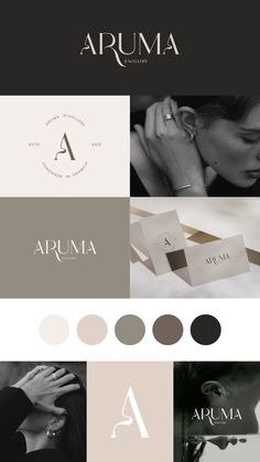 the logo design for an upscale jewelry store, aruma is shown in black and white