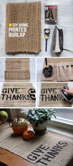 diy home burlap doormats and give thanks signs