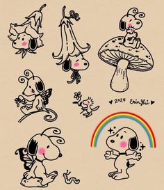 some cartoon animals and mushrooms on a beige background with a rainbow in the foreground