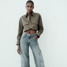 Mid Rise - Cargo - Full Length Mid Rise Jeans With Front Pockets, Leg Patch Pockets, And Back Flap Detail. Front Zip And Metal Button Closure. Blue 5520/241 Jeans With Front Pockets, Zara Jumpsuit, Zara Pants, Cargo Jeans, Mid Rise Jeans, Metal Buttons, Pant Jumpsuit, Versace, Mid Rise