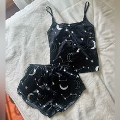 Satin Black Constellation Pajama Set Size S Never Worn, Super Cute And Trendy Set, I Just Am Moving Away For College Soon And Would Like To Sell More Of My Clothing Since I Can’t Take All Of It With Me. Feel Free To Make An Offer <3 Alt Pajamas, Celestial Pajamas, Aesthetic Pjs, Pjs Women, Goth Pajamas, Dark Pajamas, Black Loungewear, Wishlist Ideas, Pjs Set