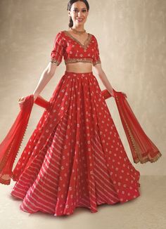 Hibiscus Red Satin Bandhani Lehenga Set Renee - Fabilicious Fashion Bandhani Lehenga, Lehenga Ideas, Pearl Mirror, Hibiscus Red, Bandhani Dress, Indian Outfits Lehenga, Lehenga Blouse Designs, Choli Designs, Red Lehenga