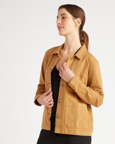 Your go-to jacket for transitional weather. The super-soft organic stretch twill and functional patch pockets will have you reaching for this jacket every day of the week. With a standard fit, this is perfect for layering over a hoodie, or simply pairing with a t-shirt.  | Quince | Women's Organic Comfort Stretch Chore Jacket in Tobacco/Spandex, Size Small, Organic Cotton Boyfriend Cardigan, Chore Coat, Chore Jacket, Day Of The Week, Organic Fabrics, Casual Jacket, Quince, Straight Leg Pants, Cropped Pants