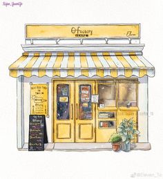 a watercolor drawing of a restaurant with yellow awnings and potted plants