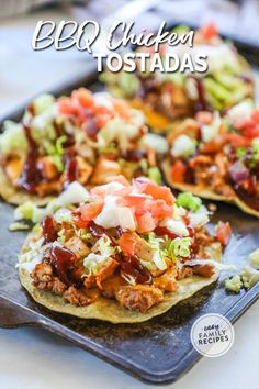 bbq chicken tostadas are served on tortilla shells