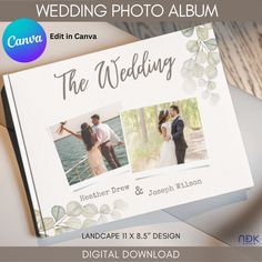 wedding photo album with two photos on it and the words,'the wedding '