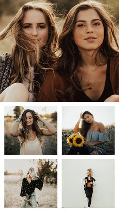 two beautiful women posing for the camera with sunflowers in their hair and one woman holding