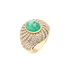 This is part of Chairish’s Fine Jewelry assortment.  Emerald Cocktail Ring in 18K Gold with Diamonds which perfectly goes with your personality and also helps you to improve your creativity. Designed with big emerald in center with diamonds making a dome that makes it a perfect fit to wear it on your wedding or style it with any of your basic outfit to give it a glam.  PRODUCT DETAILS :-  Material - 18K Solid Yellow Gold Gemstone - Emerald Gemstone Weight - 4.38 ct Gemstone pcs - 1 Gemstone shap Elegant Domed Emerald Ring, Luxury Green Domed Ring, Luxury Oval Green Dome Ring, Luxury Emerald Cabochon Ring With Diamonds, Luxury Green Dome Ring For Formal Occasions, Elegant Green Domed Rings, Elegant Green Gemstone Dome Ring, Elegant Round Emerald Dome Ring, Elegant Emerald Dome Ring