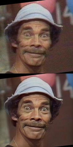 two pictures of an old man wearing a hat and smiling at the camera with his eyes wide open