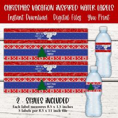 christmas water bottle labels with snowflakes and trees in red, white and blue