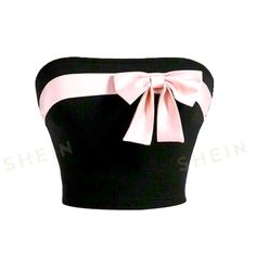 New With Tags! Retro Style Black Cropped Tube With Pink Satin Bow Detail Across Front. Stretch. Size: M New Outfits With Tube Tops, Pink And Black Outfit Ideas, Crop Top White Shirt, Pink Bow Top, Bow Tube Top, Bow Clothing, Physical Manifestation, Pink Tube Top, Dr Wardrobe