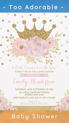 a baby shower is shown with pink flowers and gold foil on the bottom, and a crown