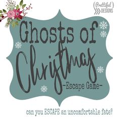 the words ghosts of christmas escape game are in front of a blue and white background