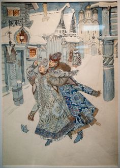 a drawing of two people dancing in the snow