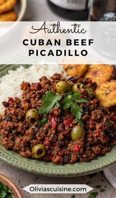 authentic cuban beef picadillo recipe on a green plate with rice and olives