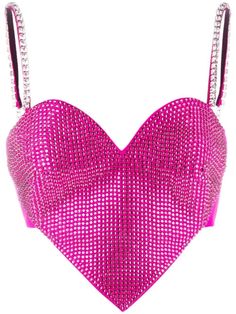 fuchsia pink stretch-wool crepe texture heart motif crystal embellishment adjustable shoulder straps sweetheart neck concealed rear zip fastening cropped Heart Crop Top, Sparkle Outfit, Embellished Crop Top, Crop Top Pink, Catty Noir, Heart Motif, Crystal Trim, Heart Top, Pink Crop Top