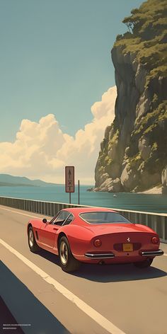 a painting of a red sports car driving down the road near a cliff and body of water