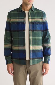 Classic plaid styles this heavy-weight flannel shirt cut from soft brushed cotton. 27" Length (Size Medium)
 Spread collar Long sleeves with adjustable button cuffs 100% cotton Dry clean Imported Model stats: 6'1" height, 32" waist. Model is wearing size Medium. Classic Slippers, Concert Looks, Original Penguin, Denim Branding, Plaid Fashion, Sweaters And Leggings, Brushed Cotton, Cut Shirts, Baby Size