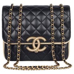 Authentic, pre-owned Chanel CC black double flap quilted lambskin leather shoulder cross body bag. Features black quilted leather with gold accent leather, gold CC hardware, a long gold chain strap with leather insert, front clasp CC closure. The interior features gold lambskin leather, double flap with snap closure, featuring large pockets with zipper and slip pocket. This bag is a Classic that you will love. Add your small cosmetic case, wallet, phone, keys, and more. Authenticity card and sta Chanel Crossbody Bag, Medium Crossbody Bag, Vintage Chanel Bag, Chanel Crossbody, Chanel Suit, Chanel Brand, Chanel Mini, Gorgeous Bags, Gold Accent