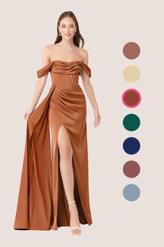 a woman in a brown dress standing next to color swatches and the image shows an off - shoulder gown with high slit