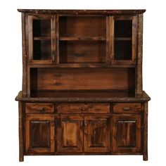 an old wooden hutch with granite counter top and doors on the front, isolated against a white background