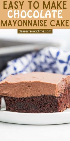 a close up of a piece of chocolate cake on a plate with text overlay