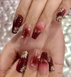 Red Nail Designs Aesthetic, Red Nail Art Designs Nailart, Dark Red Wedding Nails, Red Nails Fancy, Japanese Red Nails, Chinese Design Nails, Dark Red Flower Nails, Ruby Nails Design, Red Nails Douyin