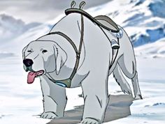 a large white dog standing on top of snow covered ground