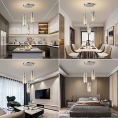 four different views of a living room and dining room with chandeliers hanging from the ceiling