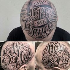 three different views of a man's head with the words on it and his face