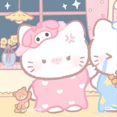 an image of a hello kitty and teddy bear in front of a window with stars